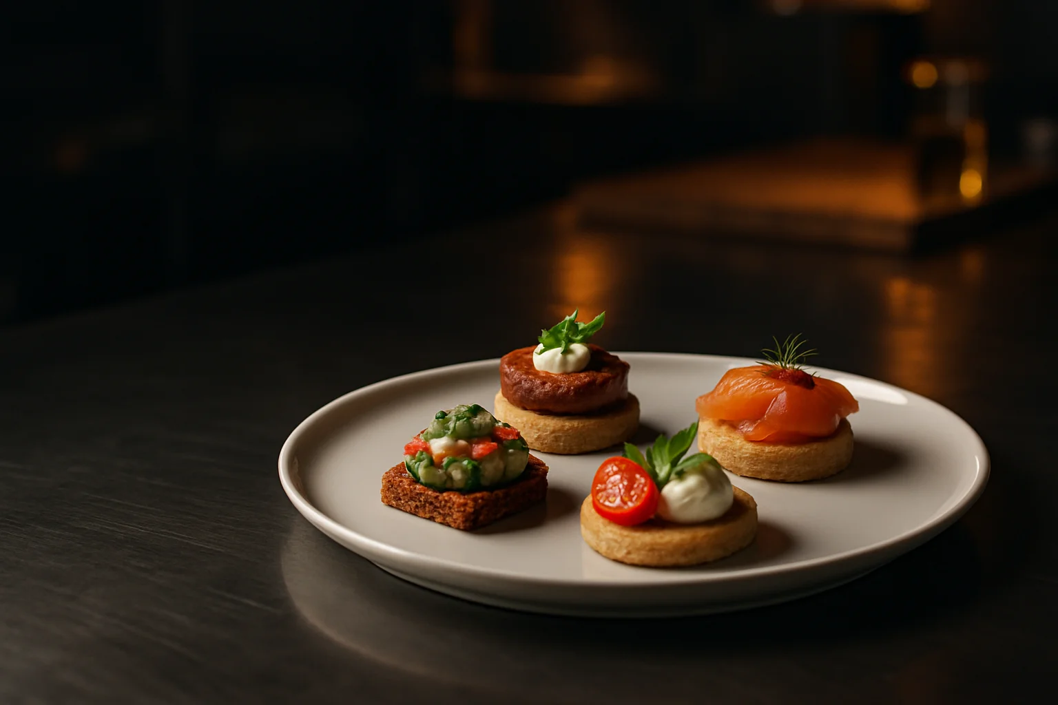 Porzellan-Fingerfood-Teller mit Canapés in professioneller Gastronomie-Umgebung