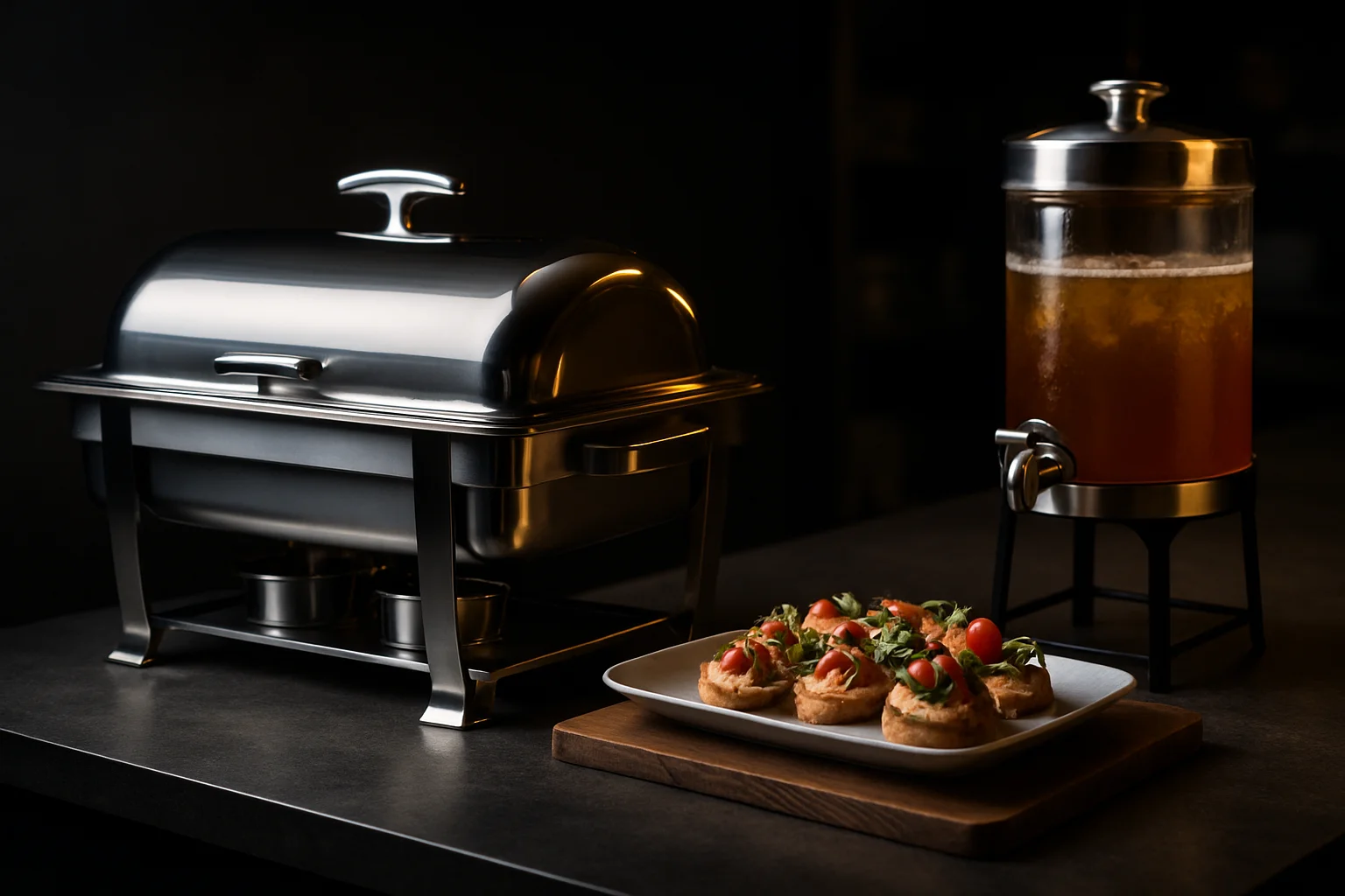 Professionelles Buffet-Setup mit Chafing Dish und Getränkedispenser