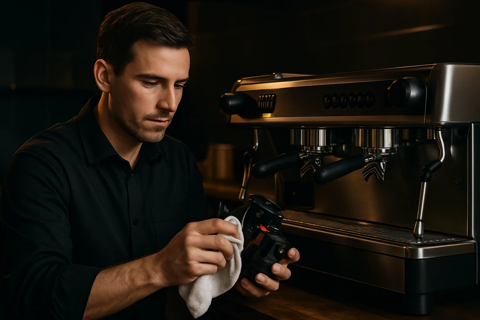 Reinigung einer gewerblichen Kaffeemaschine am Arbeitsplatz