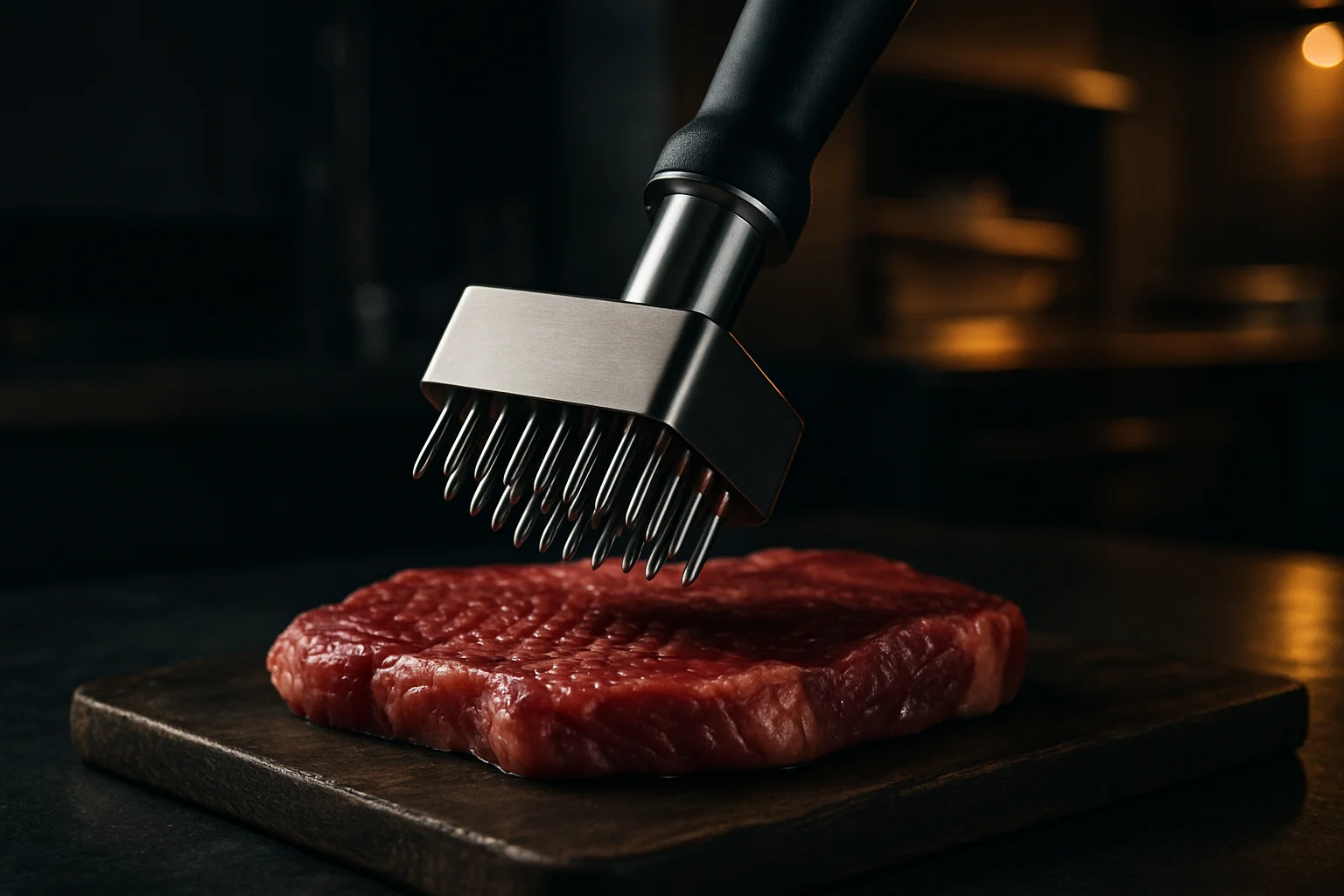 Fleischzartmacher in Anwendung an einem Stück Fleisch in gewerblicher Küche