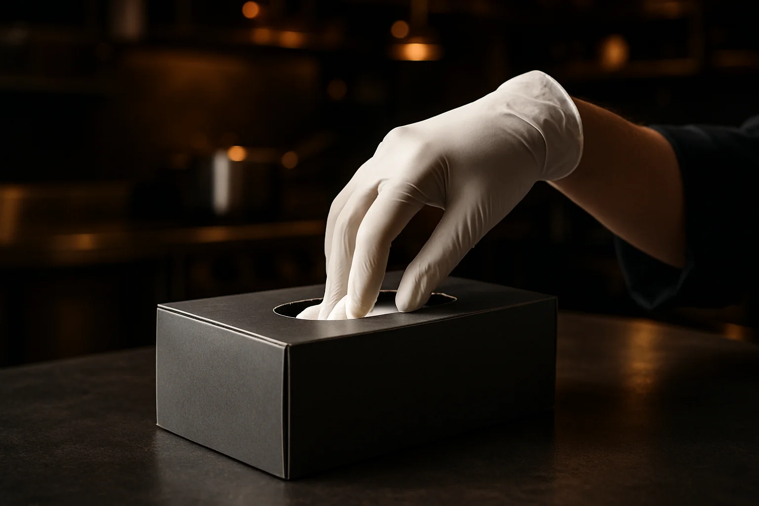 Packung Einmalhandschuhe mit entnommener Handschuh in professioneller Kueche