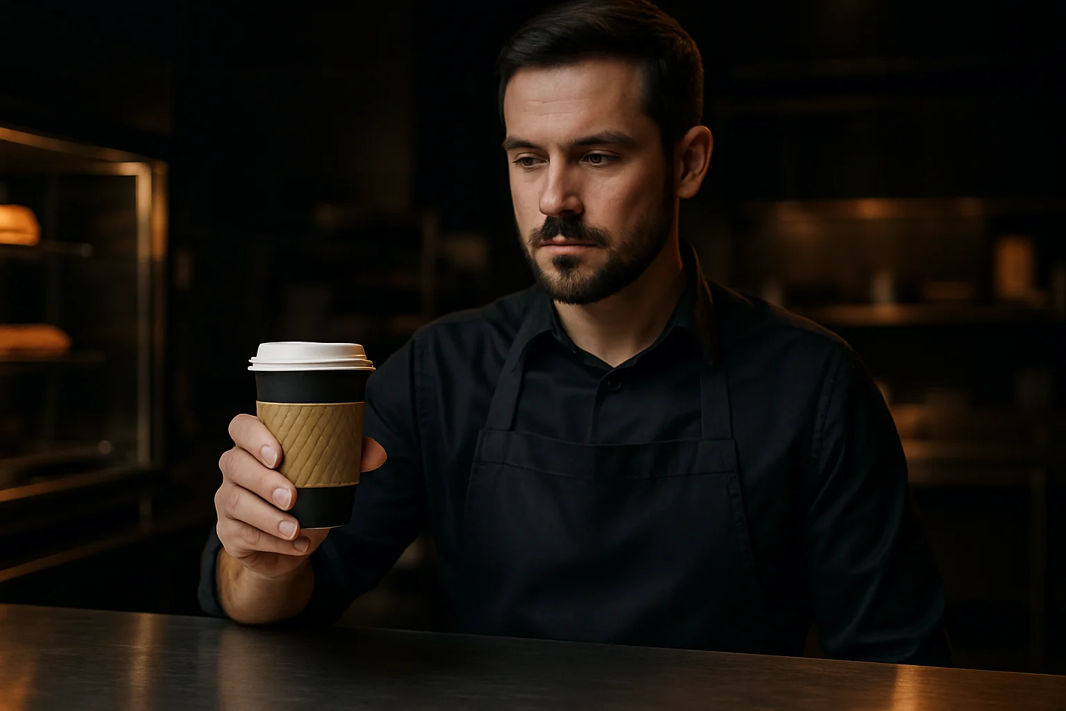 Becher mit Manschette in der Hand eines Servicemitarbeiters