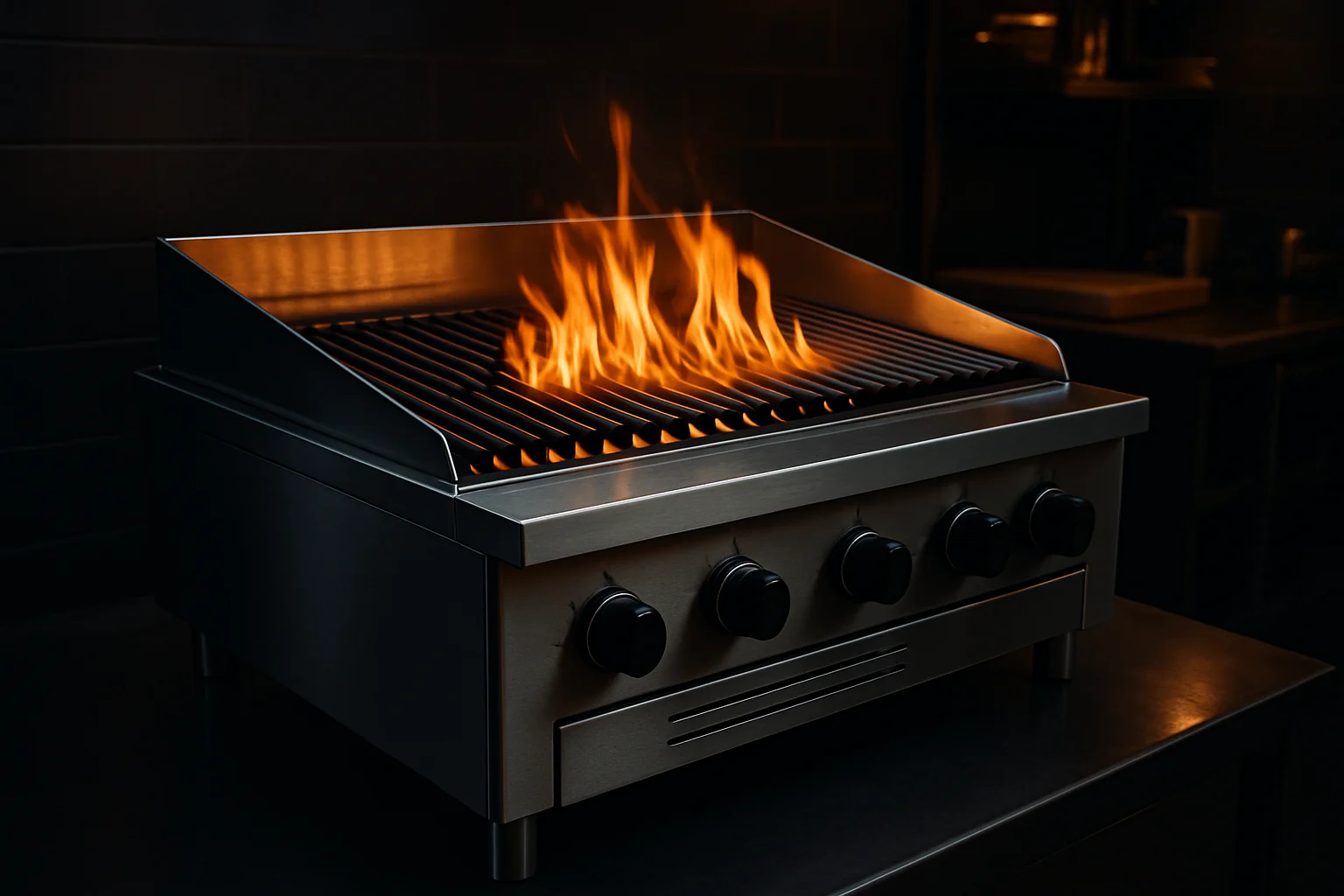 Profi-Grillgerät mit Flammenrost in kommerzieller Küche