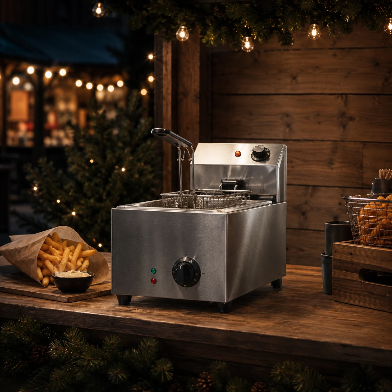 Gastro-Fritteuse für Pommes und Snacks an einem Weihnachtsmarktstand