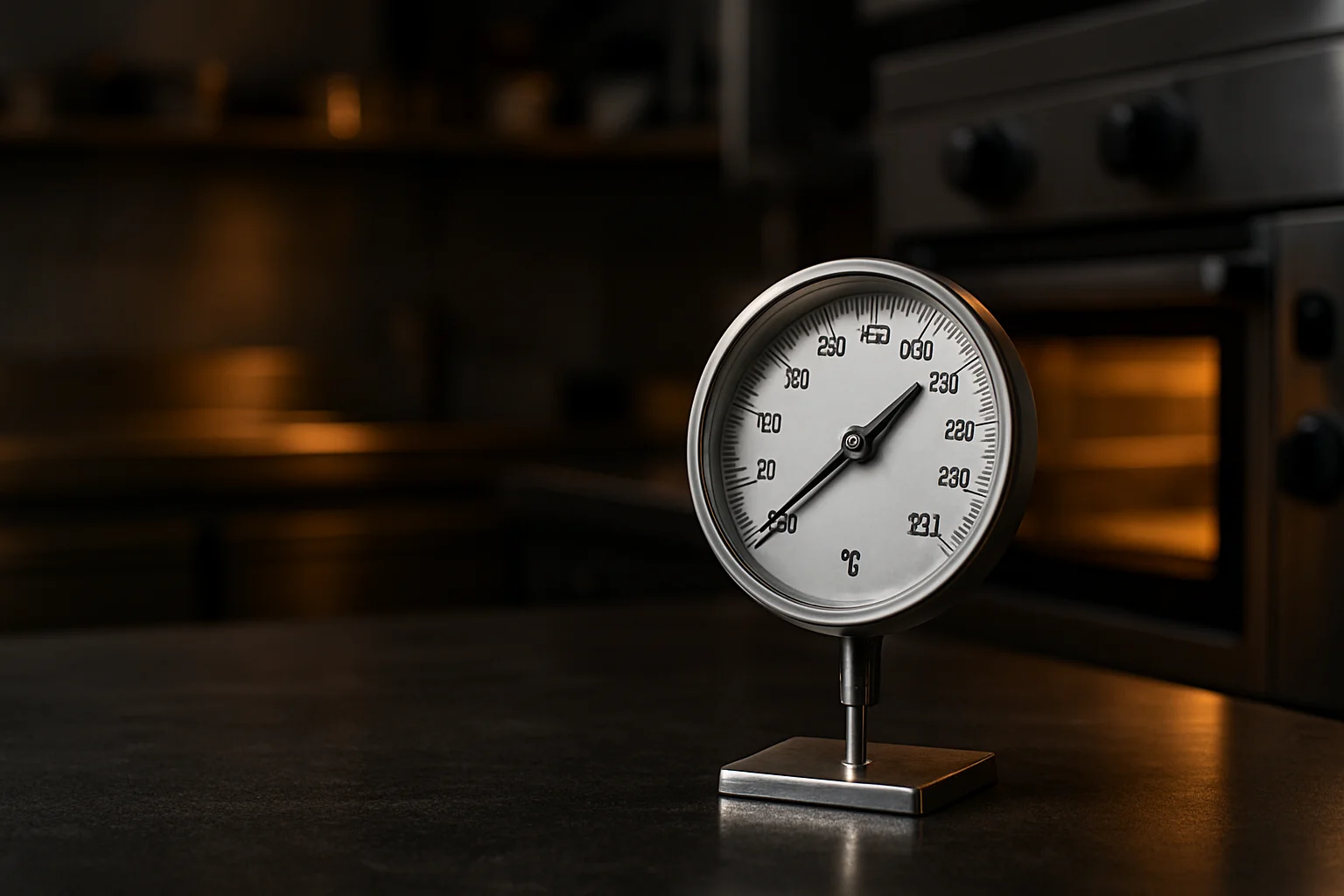 Thermometer in professioneller Großküche, Hauptmotiv rechts, ruhiger Hintergrund links