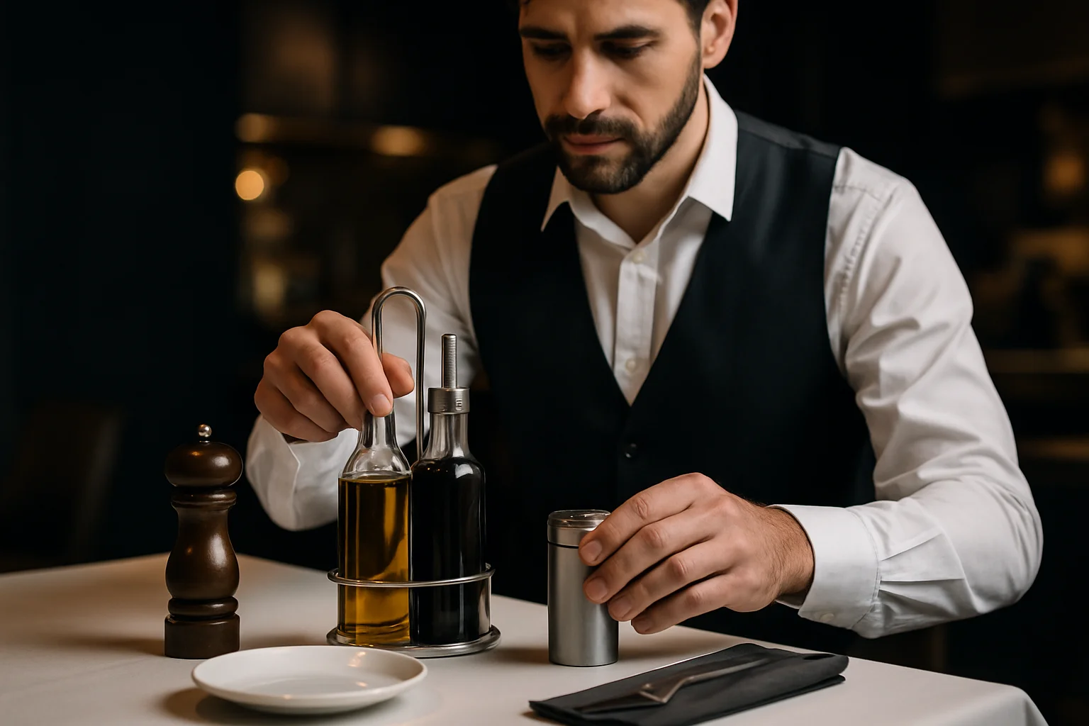 Servicemitarbeiter bedient Menage und Streuer