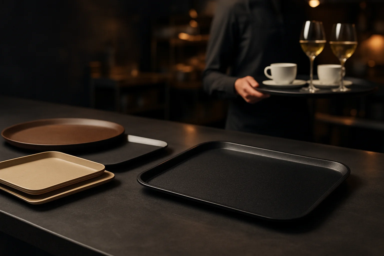 Verschiedene Tabletts auf Theke in professioneller Gastronomieumgebung