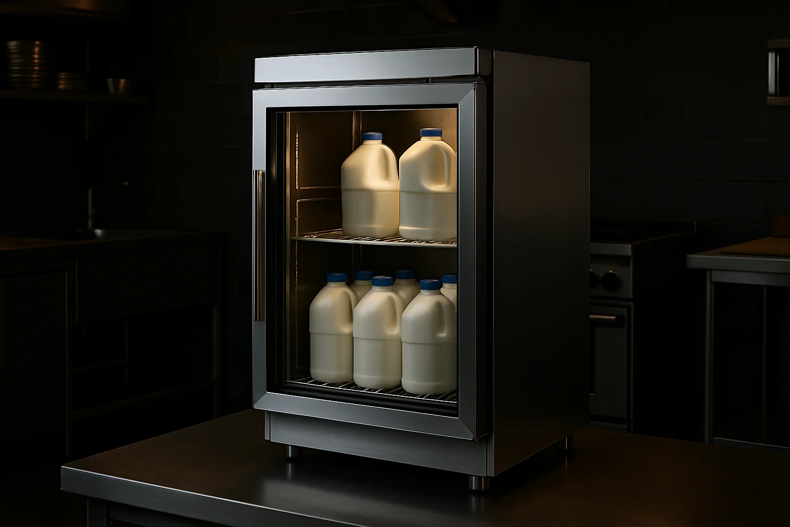 Milchkühlschrank mit Milchbehältern und Regalfächern in Gewerbeküche