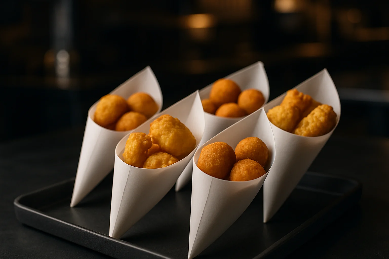 Fingerfood-Spitztüten mit Portionen auf Tablett