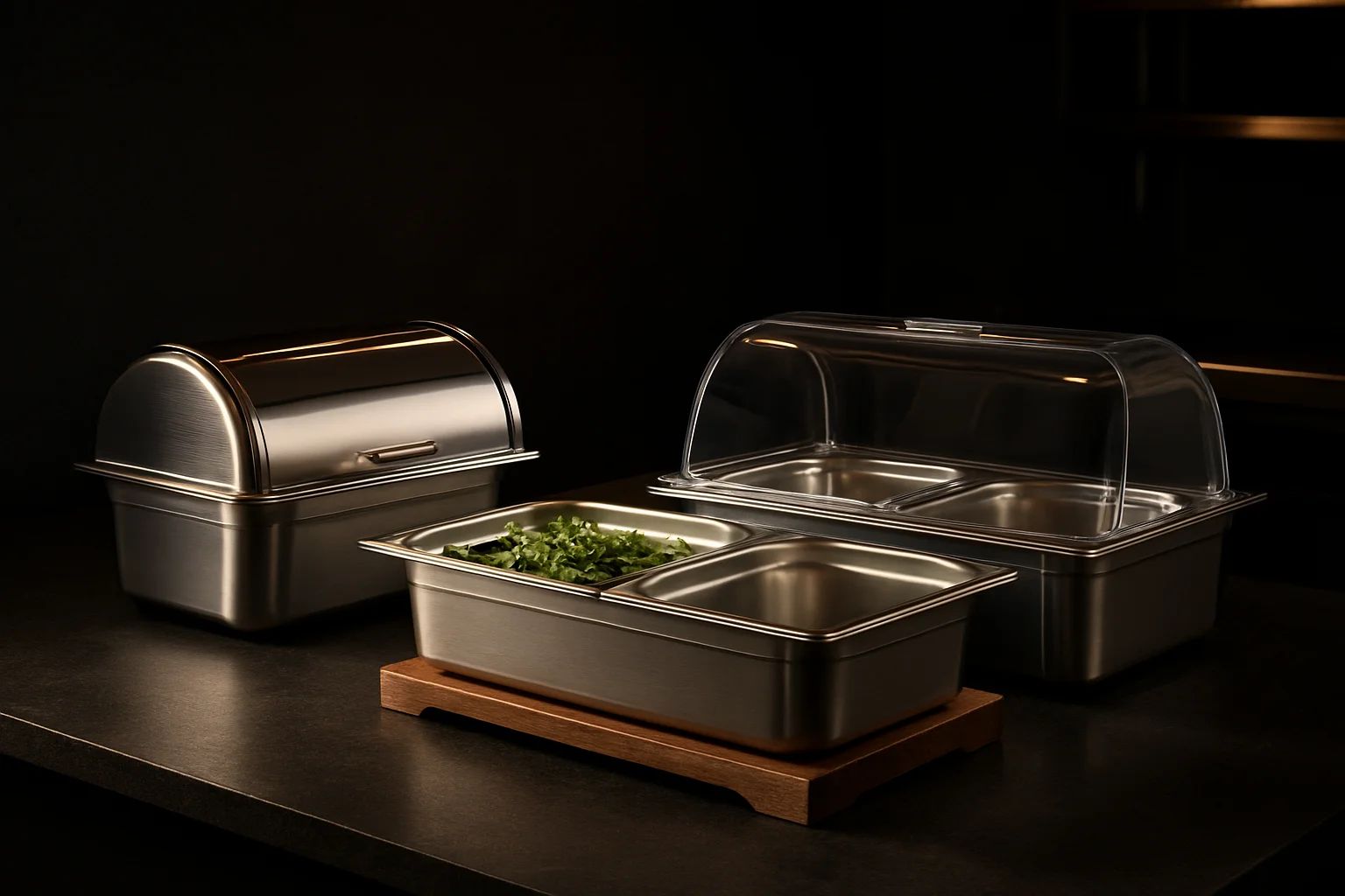 Buffet-Zubehör mit GN-Behältern, Roll-Top-Deckel und Abdeckhaube