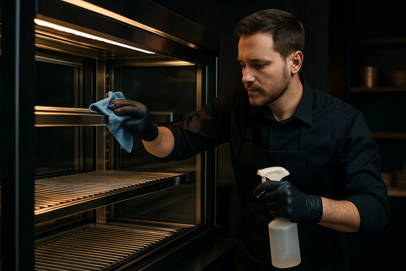 Personal reinigt Innenraum einer Kühlvitrine, entnehmbare Einleger sichtbar