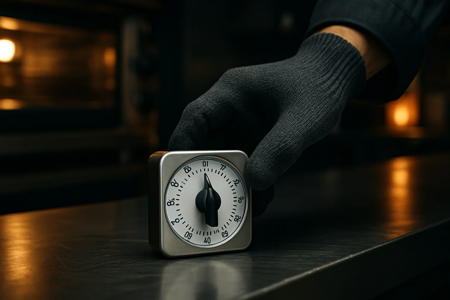 Küchenmitarbeiter bedient Timer mit Handschuhen