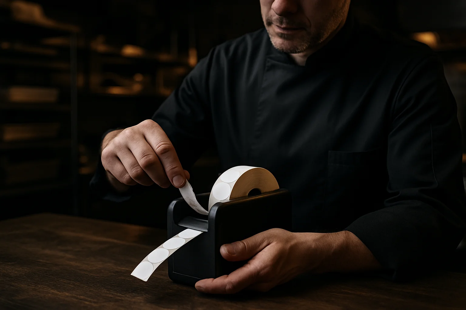 Etikettenspender mit eingesetzter Rolle in einer Gastronomieküche