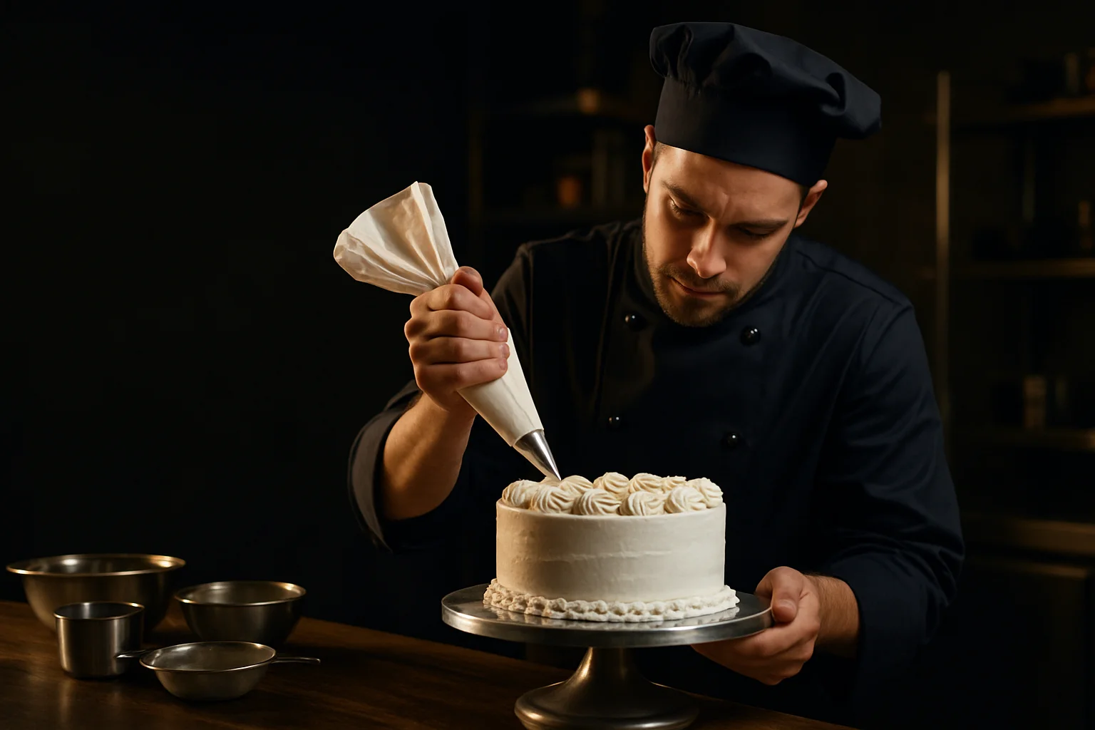 Konditor dekoriert Torte mit Spritzbeutel in profiküche