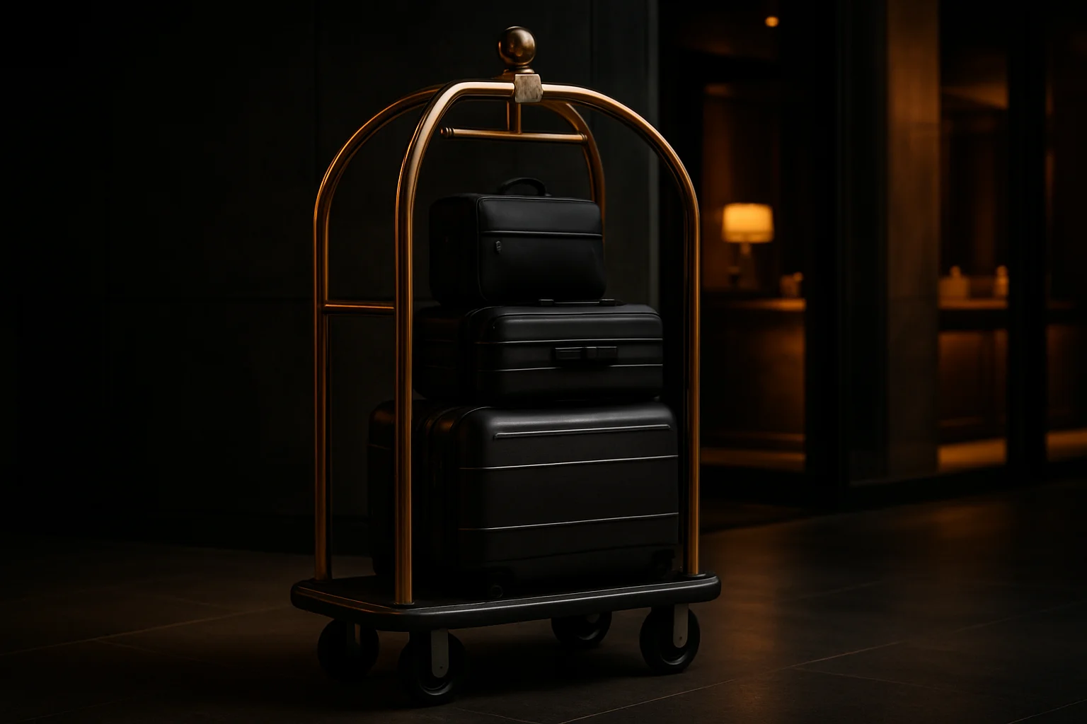 Gepäckwagen in Hotel-Lobby, beladen und bereit zum Transport