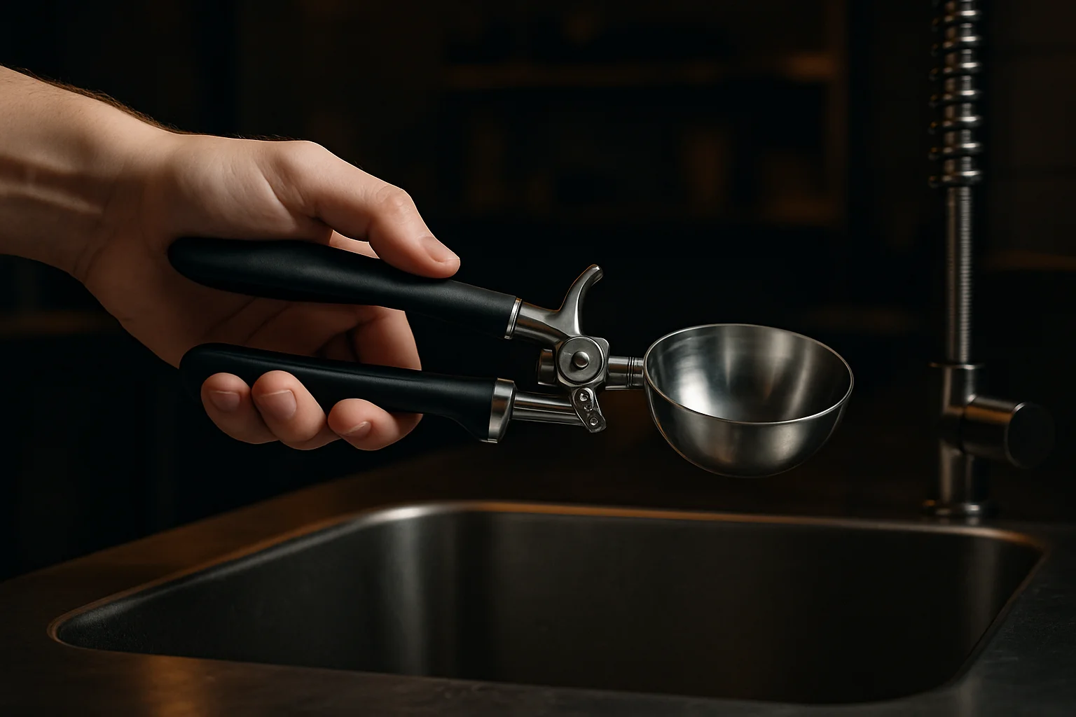 Ergonomischer Portionierer über Spüle zur Illustration von Reinigung und Handhabung