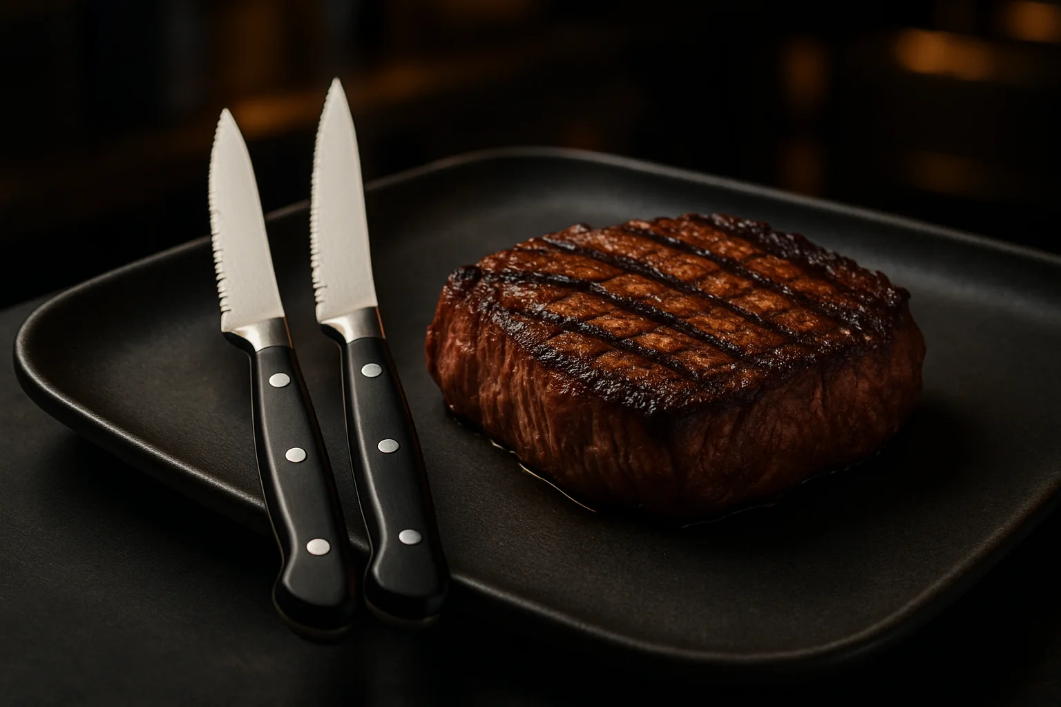 steakmesser neben steak auf dunklem servierteller