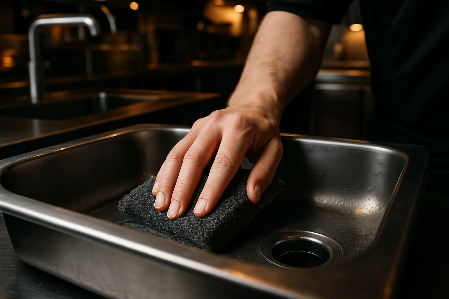 Topfreiniger und Schwamm für starke Verschmutzungen in professioneller Küche