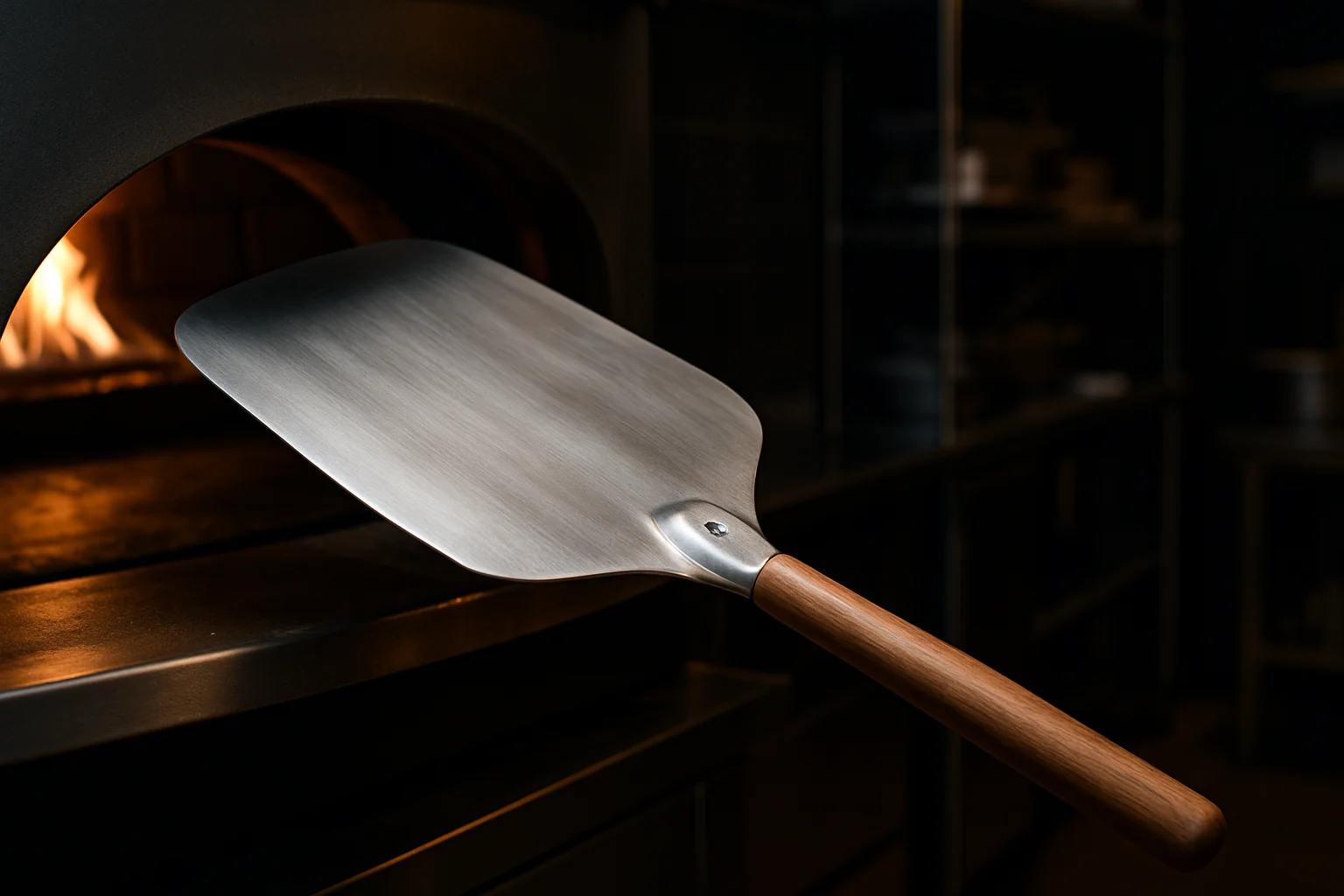 Pizzaheber mit langem Griff vor Ofen