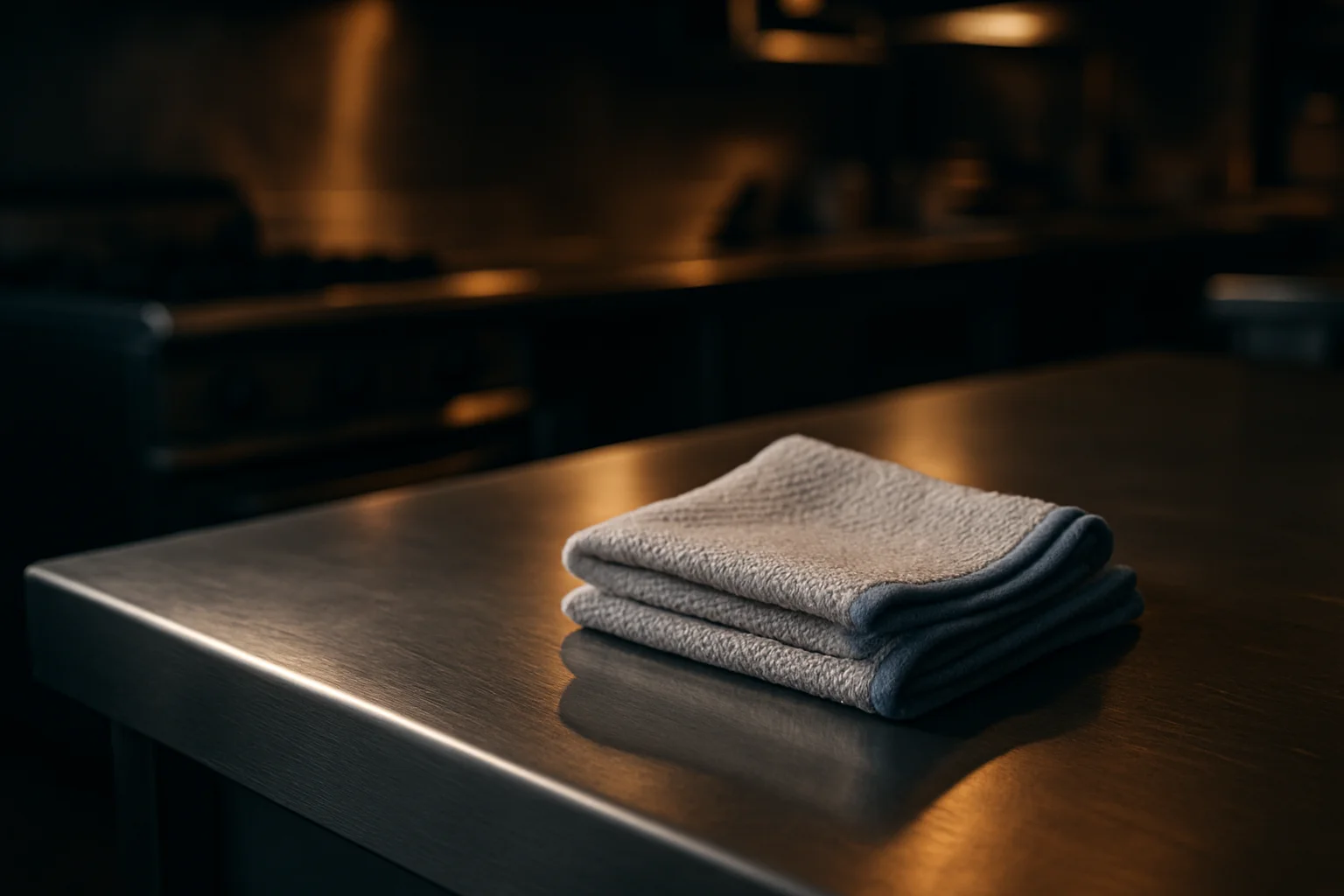 Edelstahloberfläche und Reinigungsequipment in gastronomischer Arbeitsumgebung