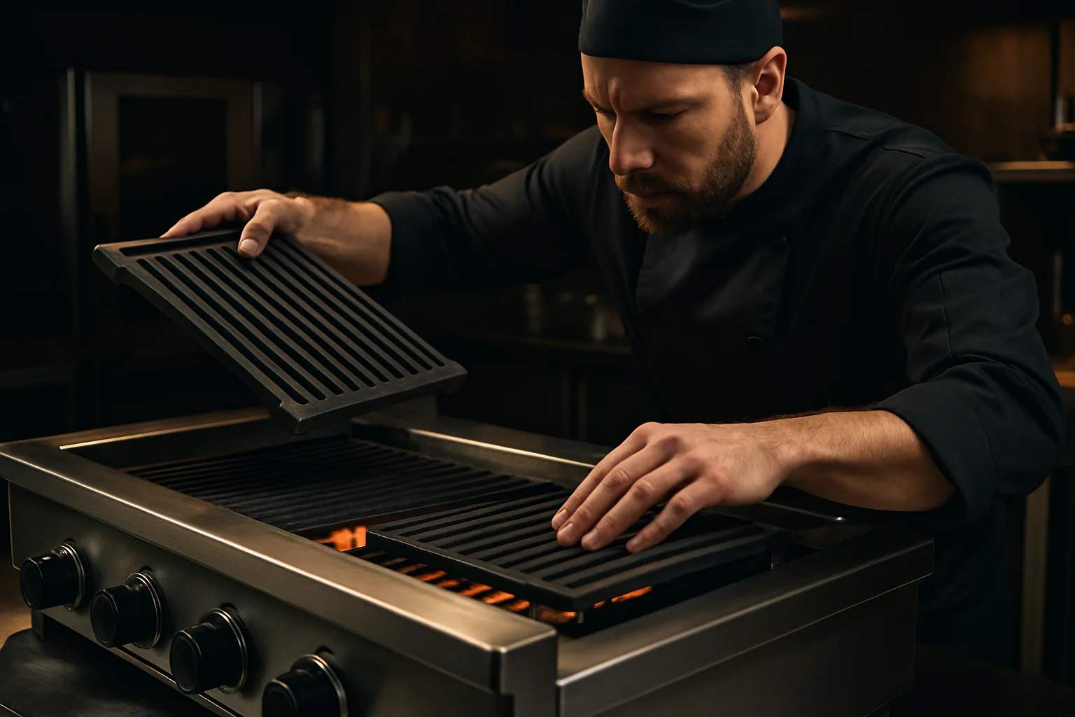 Küchenmitarbeiter wechselt Grillzubehör während des Betriebs