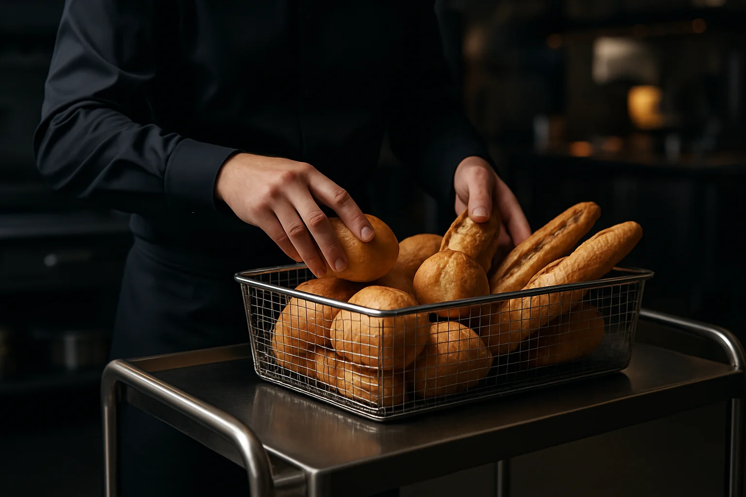 Präsentationskorb beim Befüllen mit Brötchen auf Servierwagen