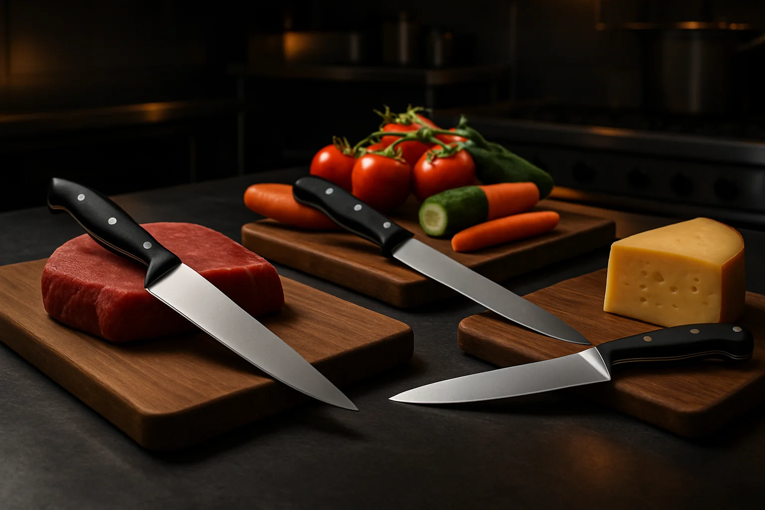 Verschiedene Profi-Messer mit Fleisch, Gemüse und Käse auf Schneidebrettern