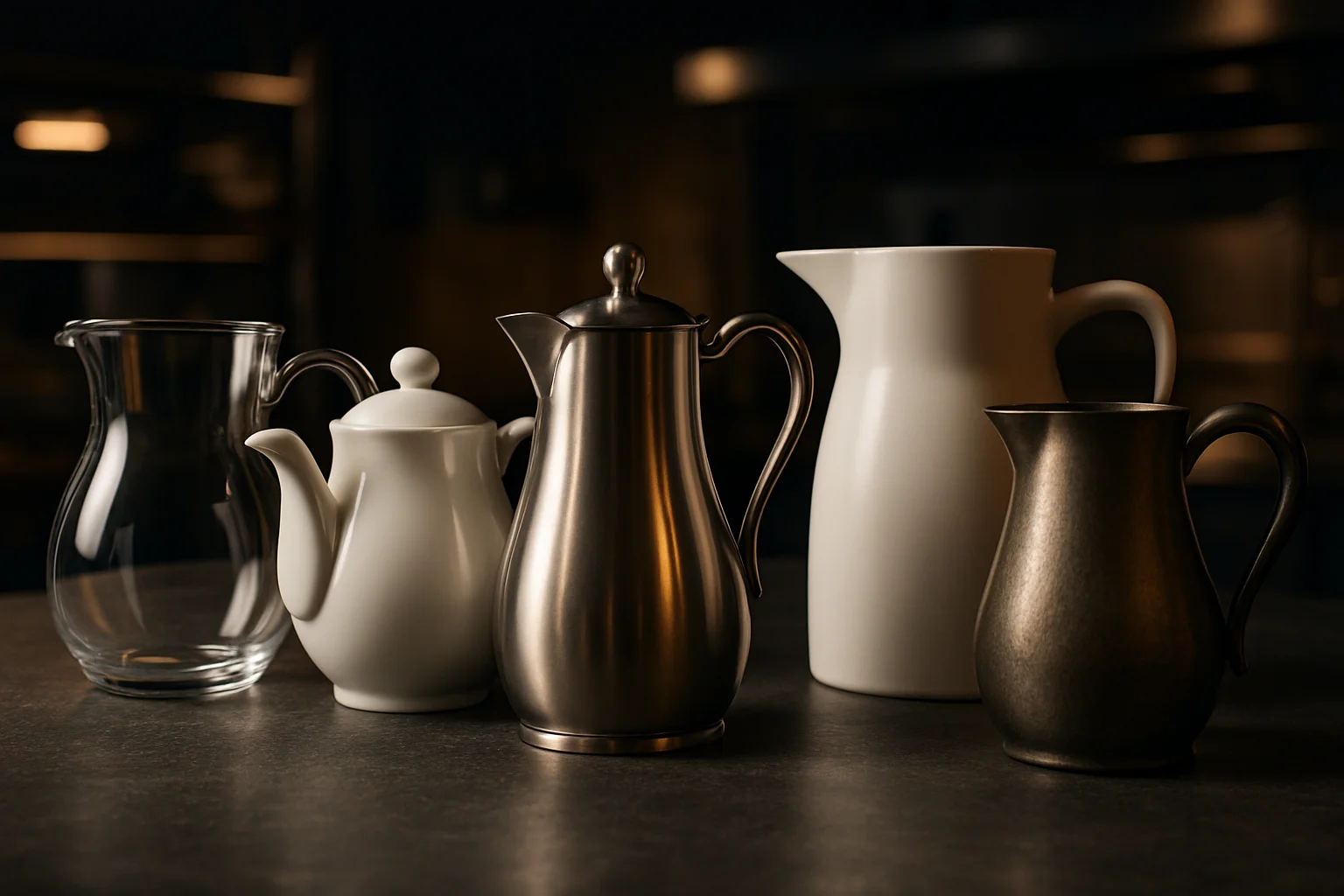 Unterschiedliche Kannen und Krüge aus Glas, Porzellan und Metall nebeneinander