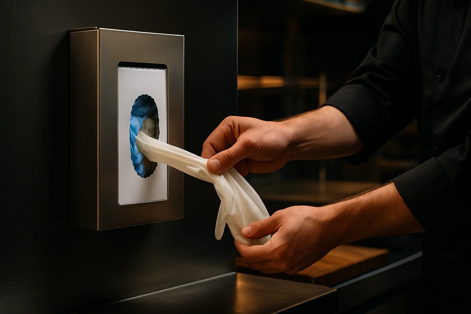 Handschuhspender an Küchenstation bei Entnahme