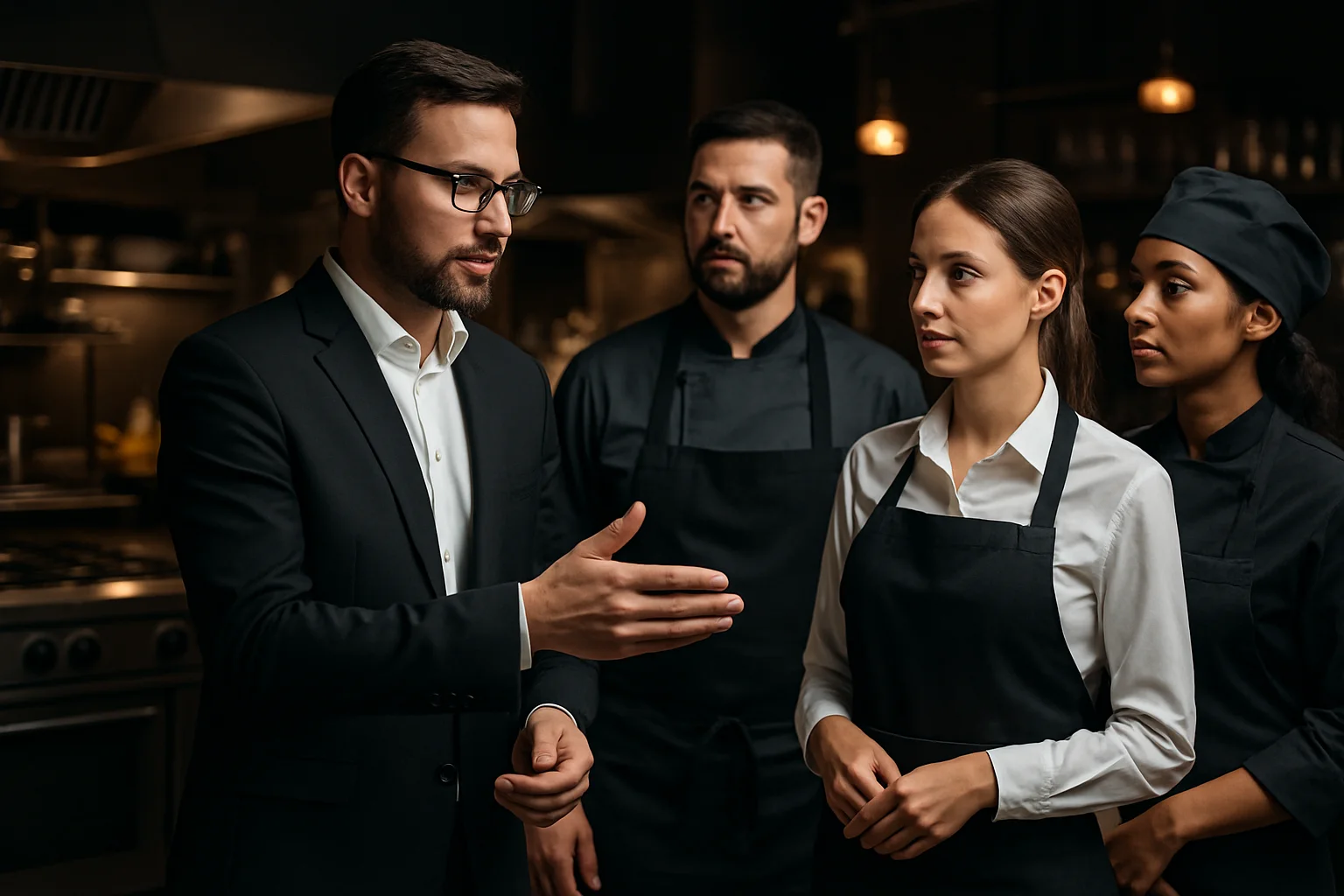 Mitarbeitende in Koch- und Serviceschürzen in gastronomischer Umgebung