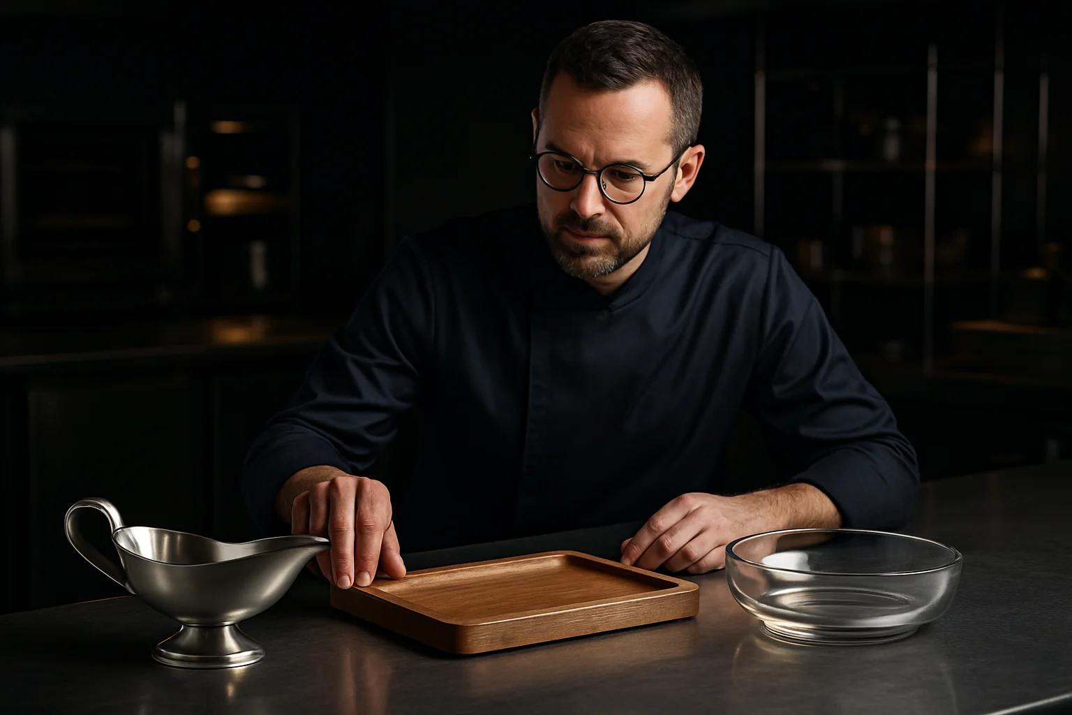 verschiedene serviermaterialien metall holz glas in professioneller kueche