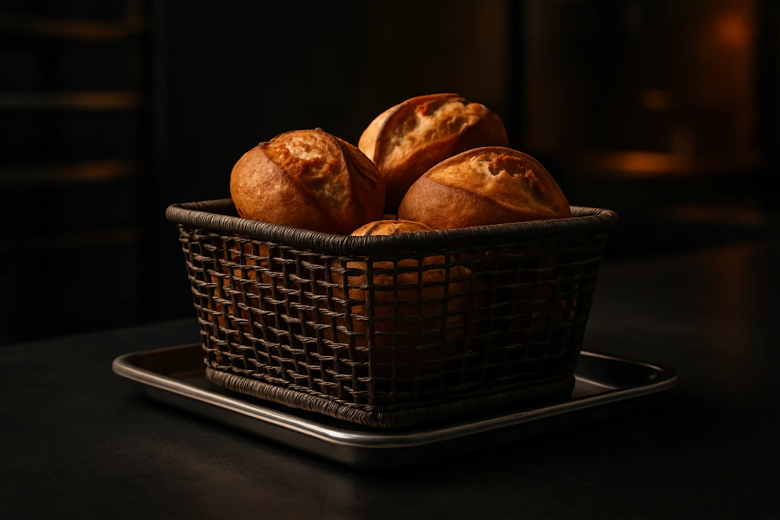 GN 1/4 Präsentationskorb auf kleiner Präsentationsfläche im Gastronomie-Kontext