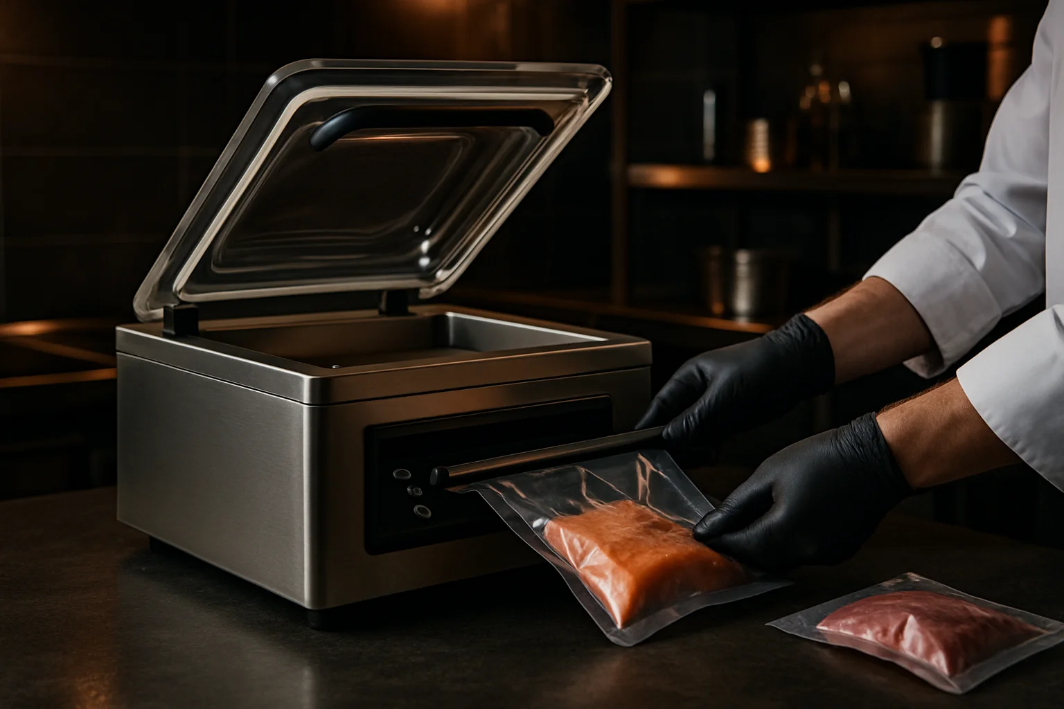 vakuumiergerät beim verpacken von portionen in gastronomiebetrieb