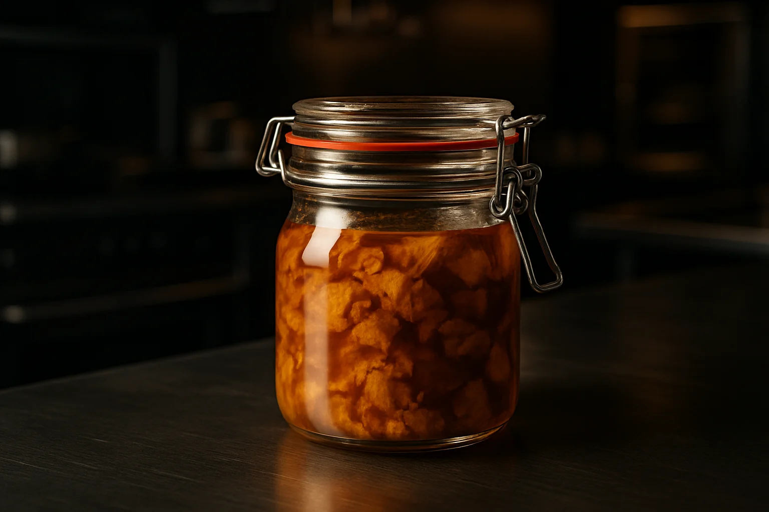 Bügelverschlussglas gefüllt auf Edelstahl Arbeitsfläche, Gastronomie-Kontext