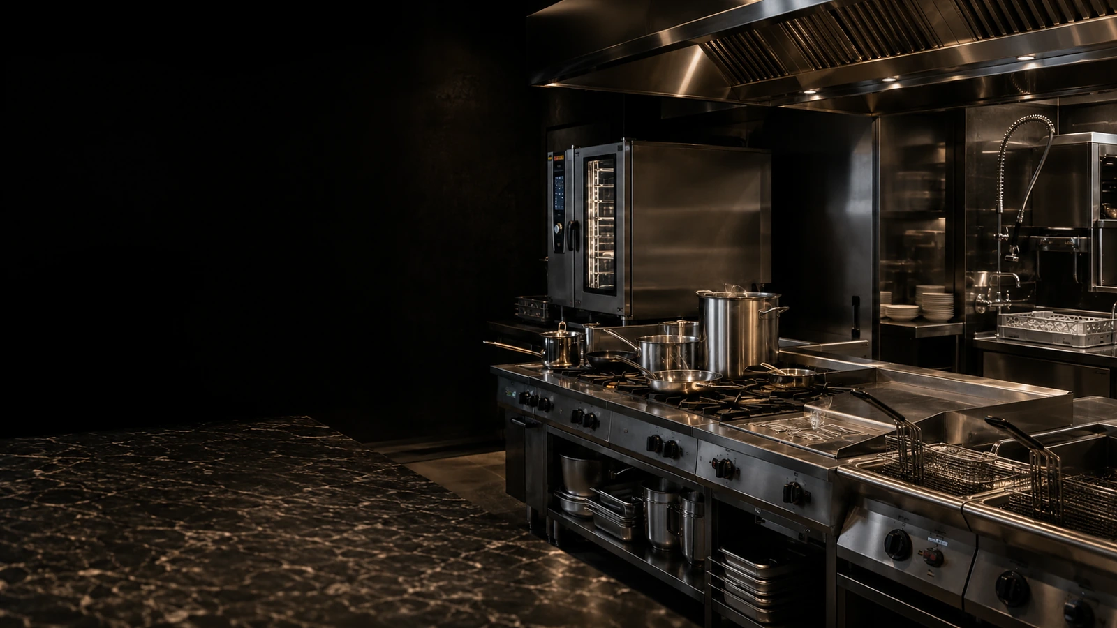 Professionelle Küchentechnik mit Koch- und Spülbereich für Gastronomie und Großküche