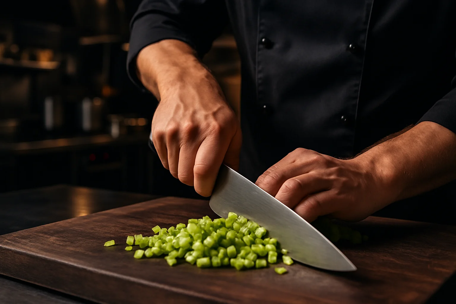 Hand mit ergonomischem Messergriff beim Hacken von Gemüse