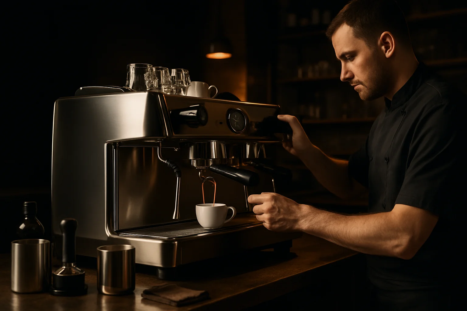 Barista an professioneller Siebtraegermaschine in Gastro-Theke