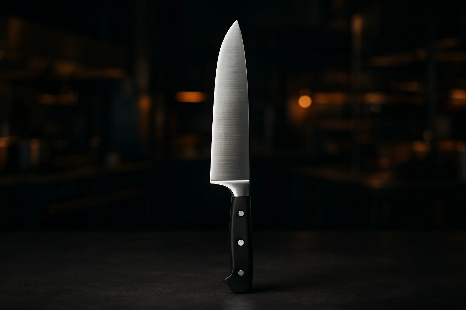 Profi-Kuechenmesser auf dunklem Arbeitsbrett in Gastronomieumgebung
