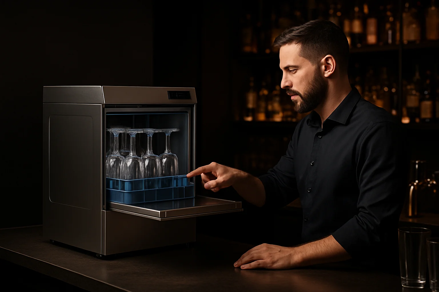 Tisch-Gläserspüler auf Bar-Theke, Barkeeper bedient Gerät