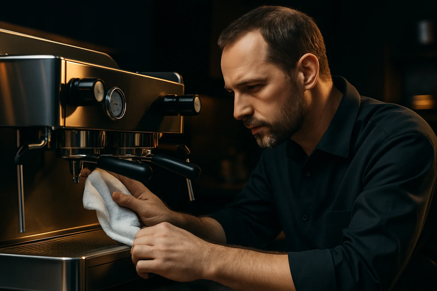 Techniker bei Reinigung einer Kaffeemaschine