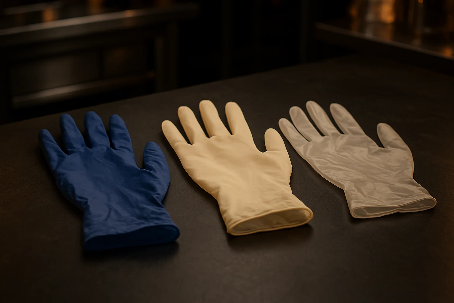 Vergleich Nitril-, Latex- und Vinylhandschuhe nebeneinander