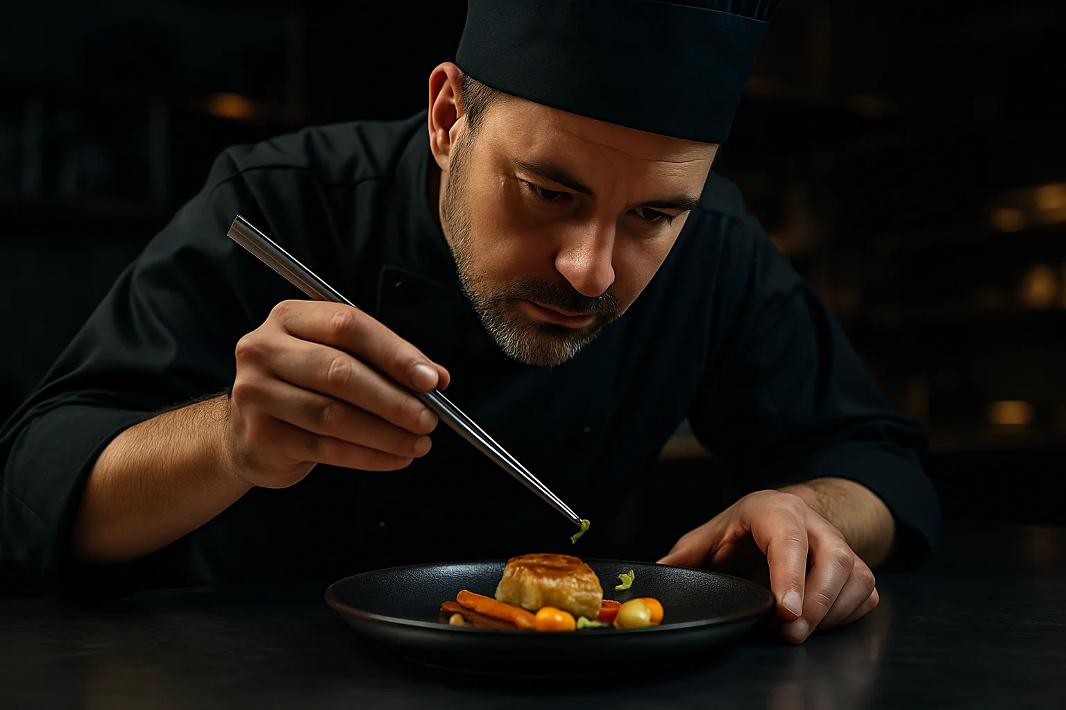 Koch verwendet Pinzette zum feinen Anrichten in Gastronomie