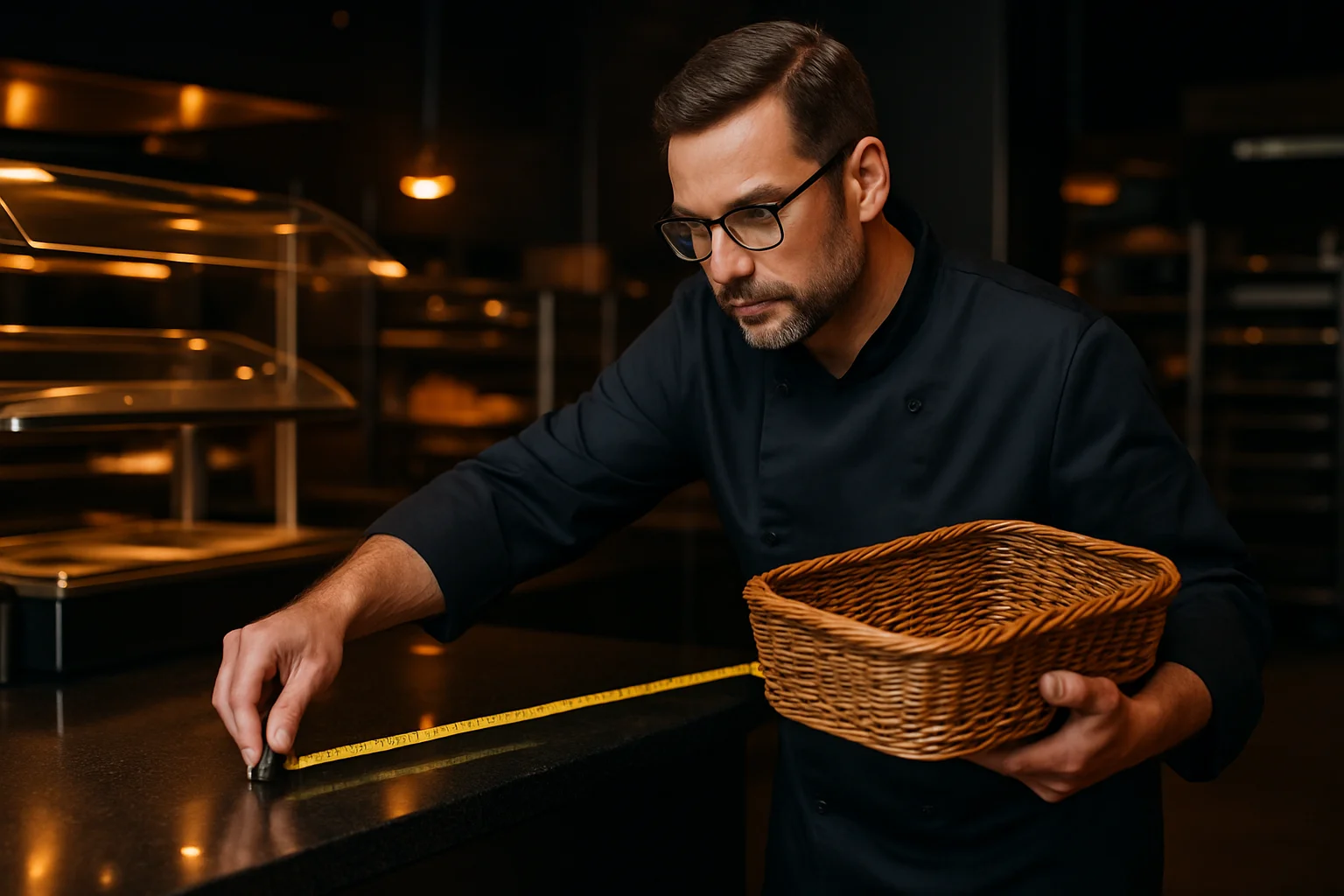 Mitarbeiter misst Buffetfläche neben einem Präsentationskorb