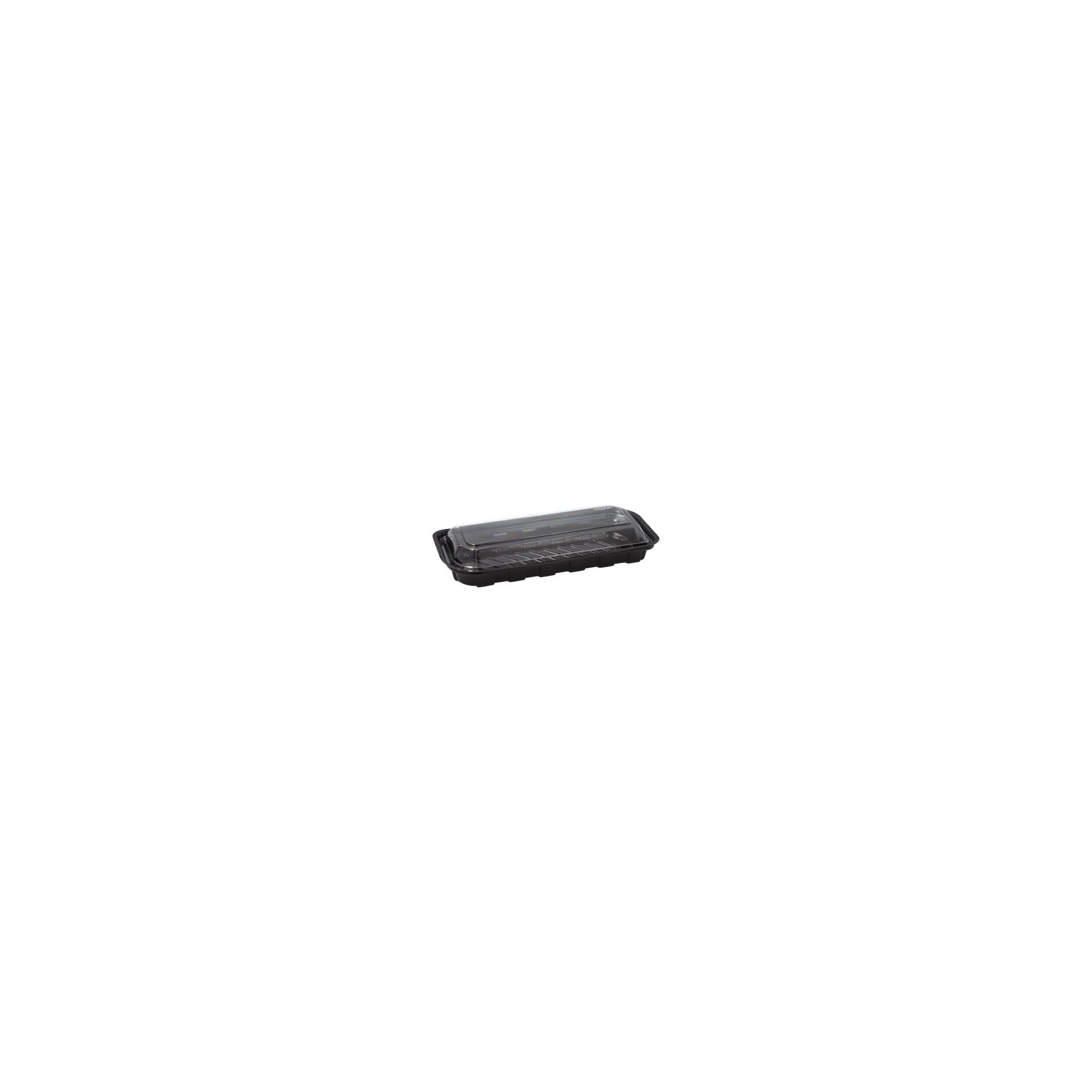 Sushi-Schalen R-PET rechteckig 21 cm x 8,8 cm x 4,3 cm schwarz mit transparentem Deckel Sushi-Schalen R-PET rechteckig 21 cm x 8,8 cm x 4,3 cm schwarz mit transparentem Deckel