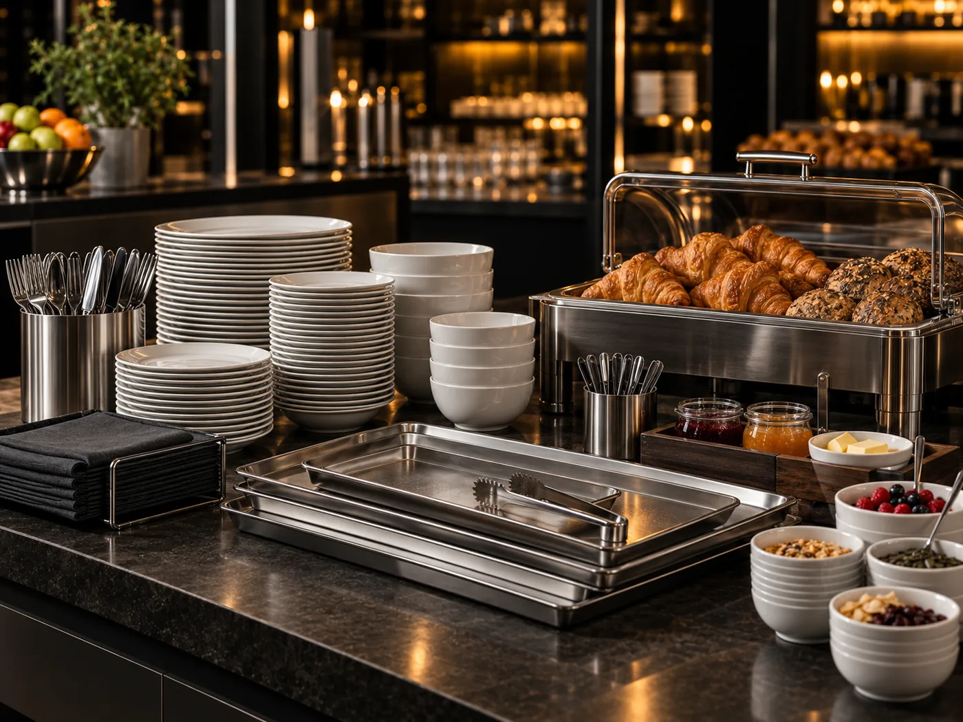 Geschirr, Besteck und Ausgabezubehör für ein professionelles Frühstücksbuffet
