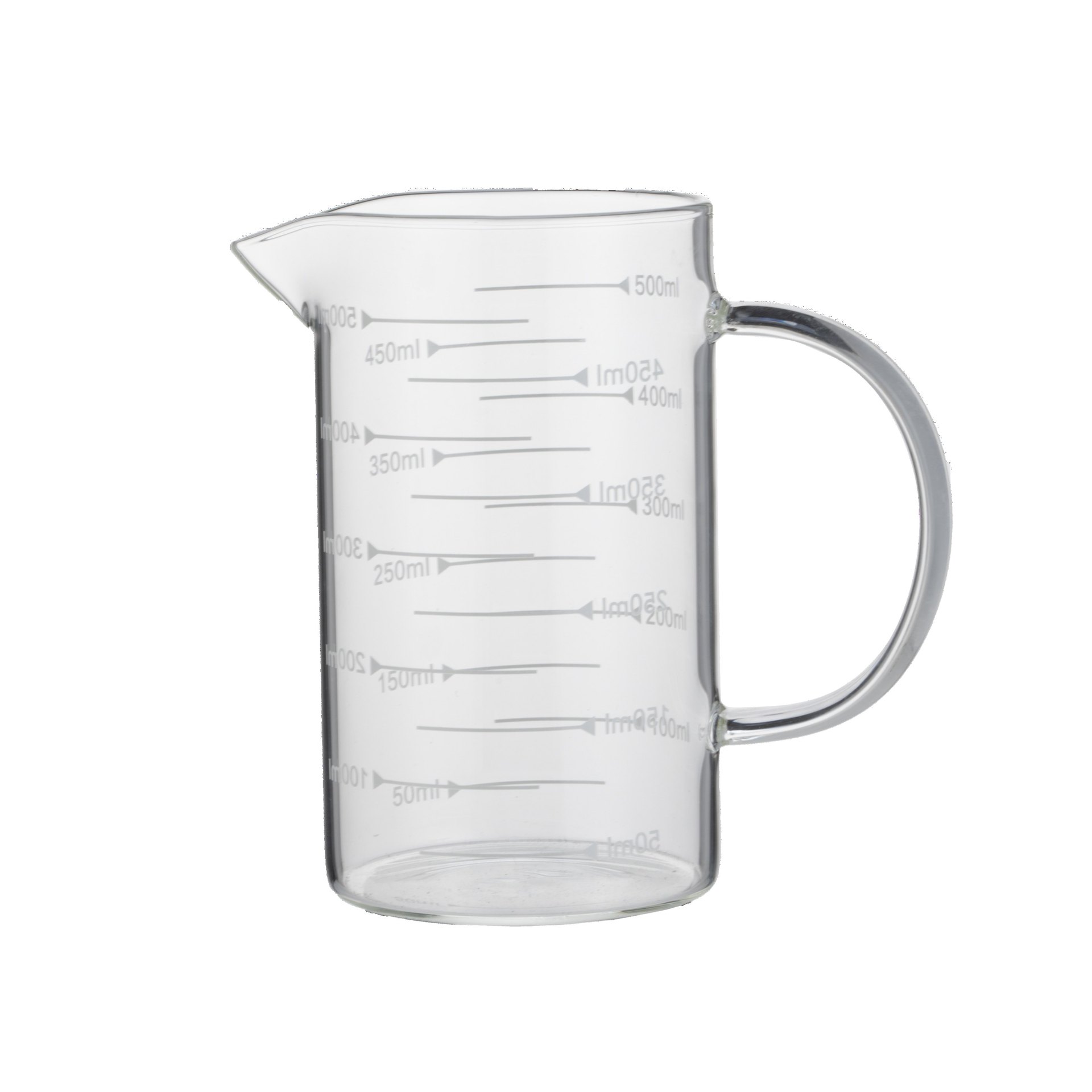 Messbecher, Ø 8 cm, 0,5 ltr., mit 50 ml Skalierung, Borosilikatglas Messbecher, Ø 8 cm, 0,5 ltr., mit 50 ml Skalierung, Borosilikatglas