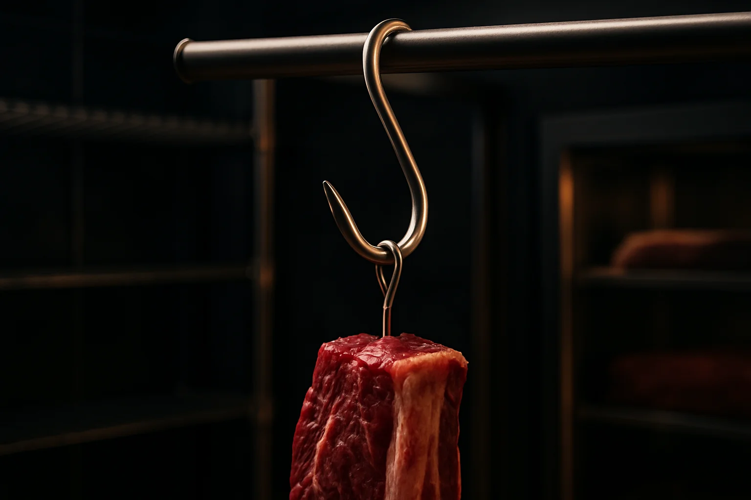 Edelstahl-Fleischerhaken in Gebrauch zum Aufhängen von Braten in Großküche