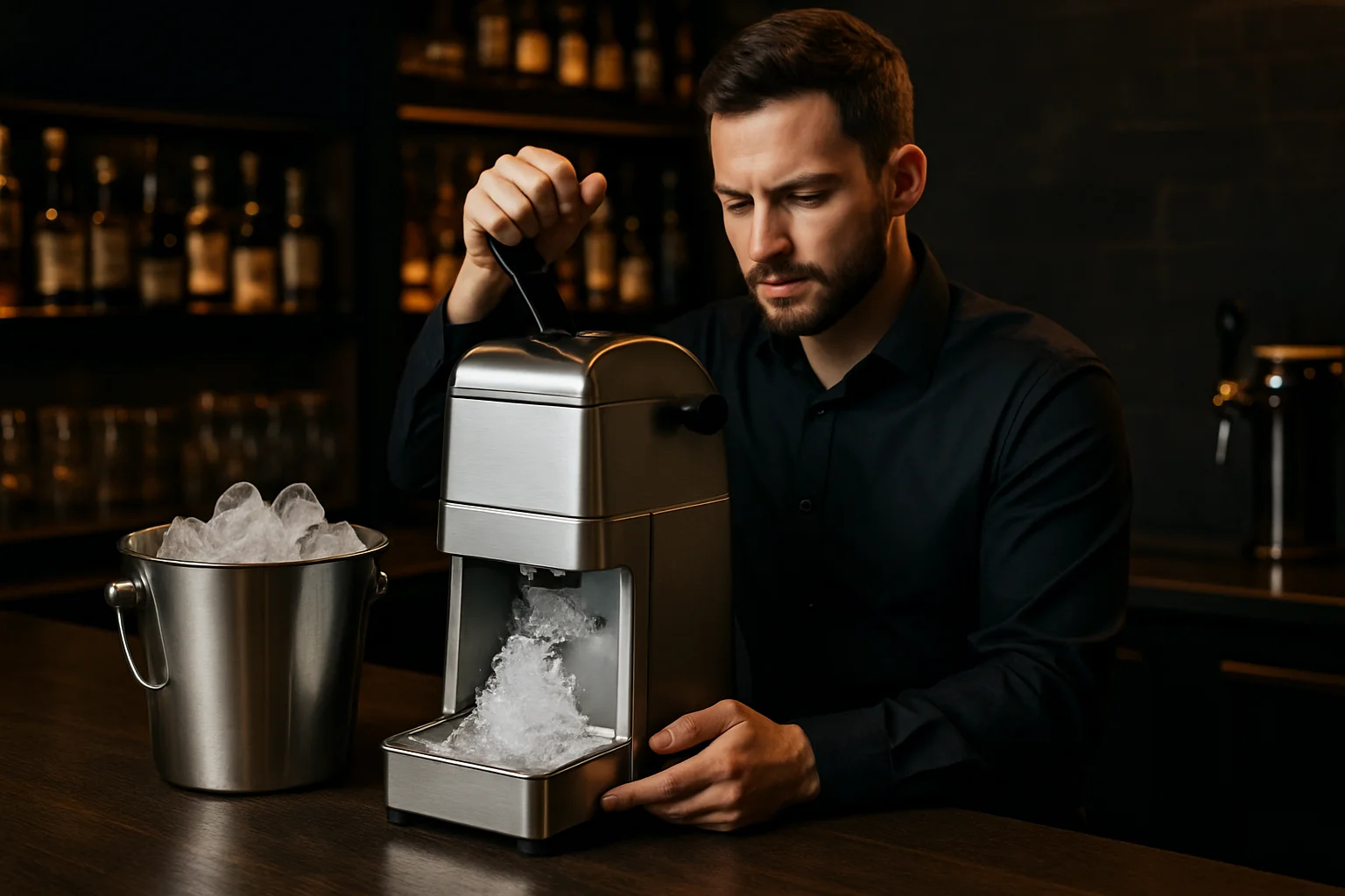 Mitarbeiter bedient Tisch-Eiscrusher an Bartheke