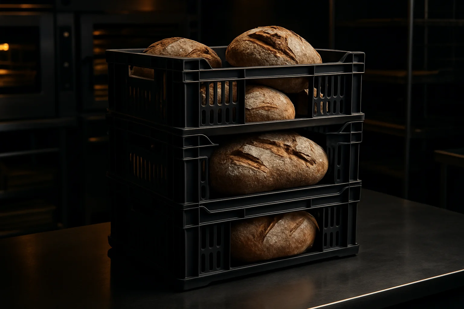 stapelbare baeckereikisten mit brotlaiben im backbetrieb