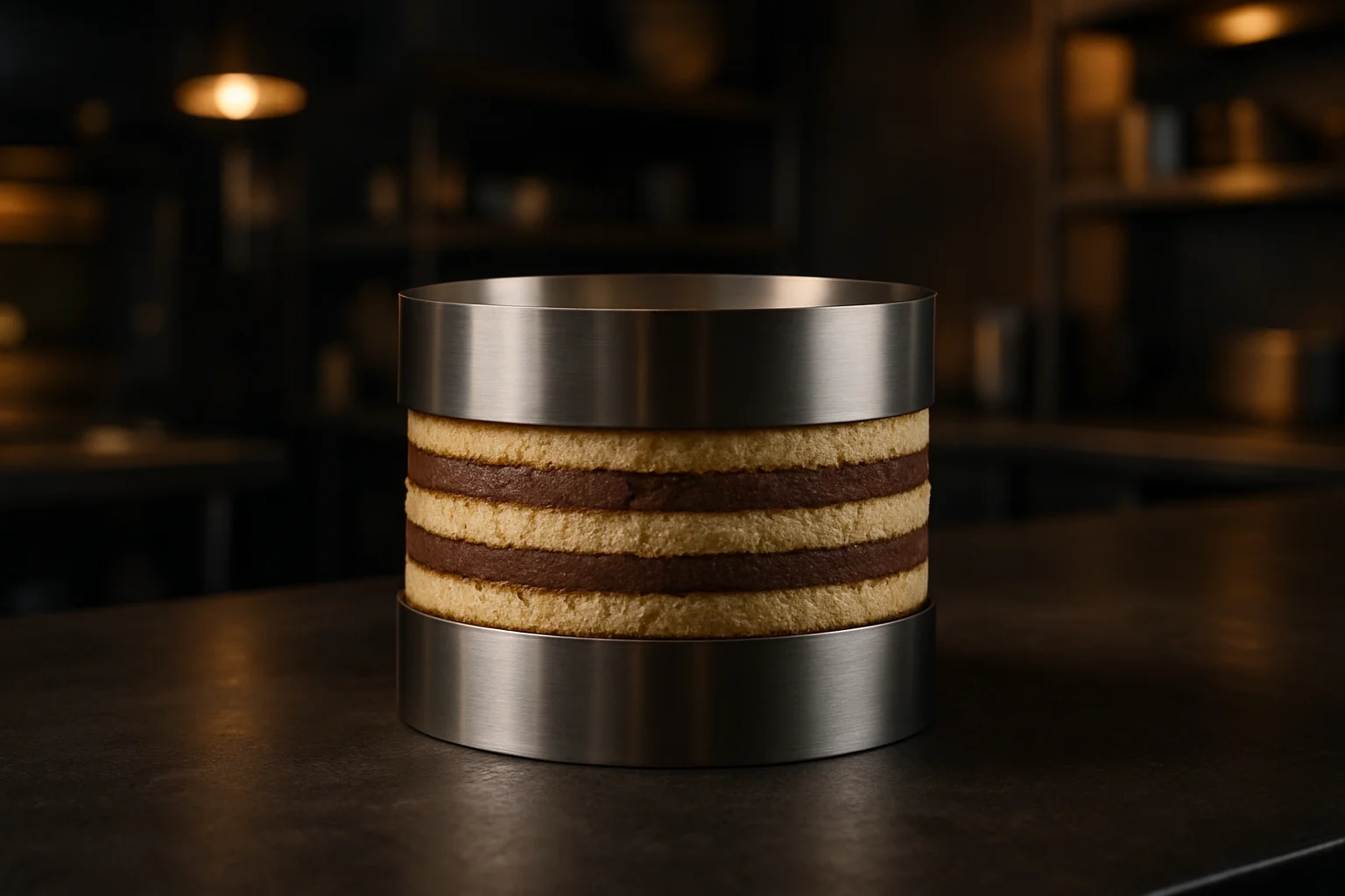 edelstahl tortenring mit geschichteter torte im gastronomie-einsatz